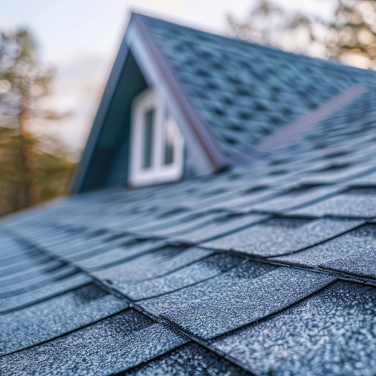 Roof Shingles Close-up. House roof, background with copy space. Tiles Roof shingles with garret.