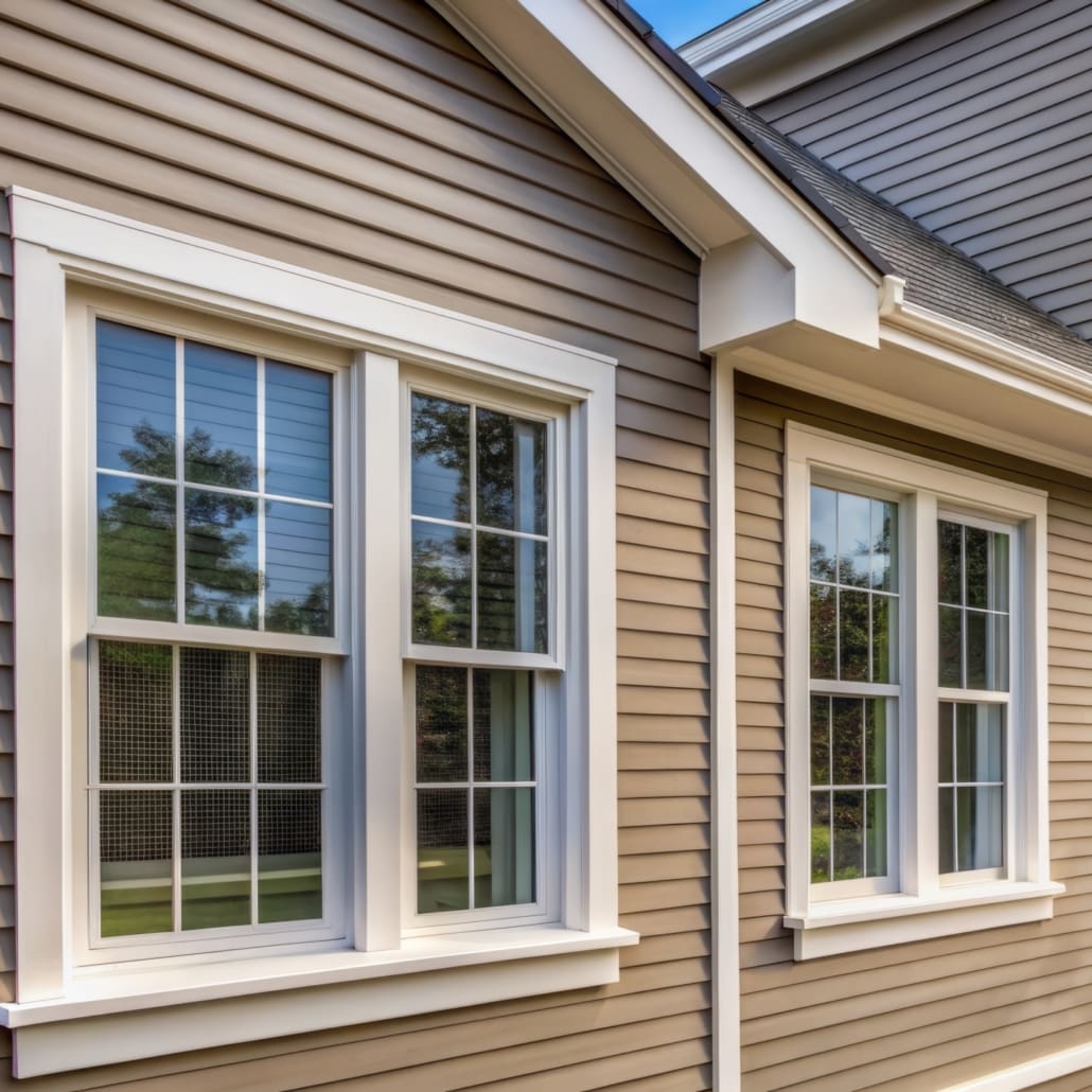 Close-up view of vinyl siding on a house exterior, with crisp white window frames and subtle texture, showcasing modern home exterior design elements.
