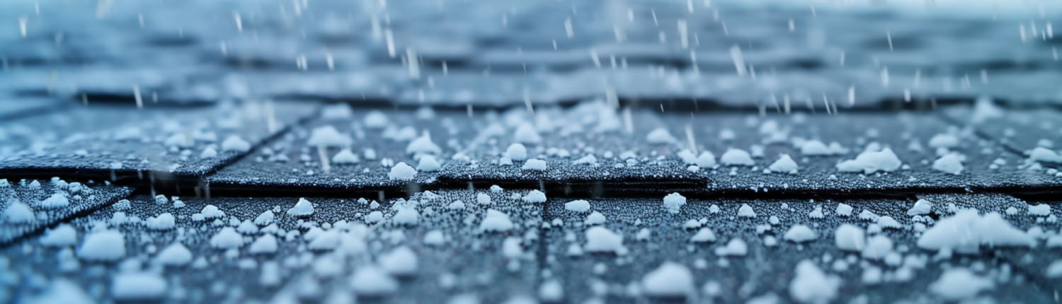 Asphalt roof shingles are pelted with hail, snow or sleet- a close up view of a roof during a winter storm, shallow depth of field