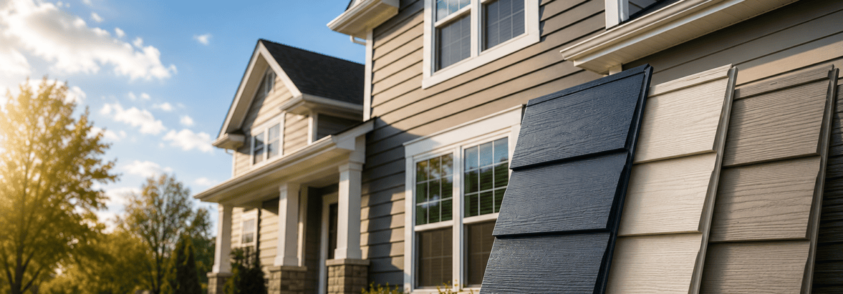 Modern home with vinyl siding samples and measuring tools for professional siding installation