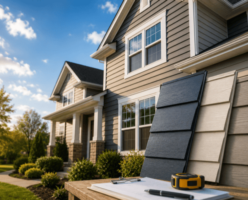 Modern home with vinyl siding samples and measuring tools for professional siding installation